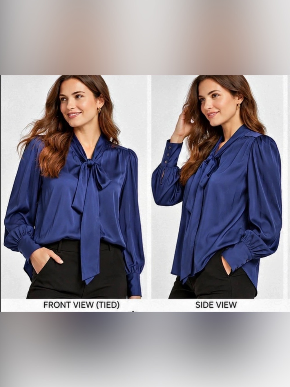 NWT Ann Taylor Factory Petite MP Navy Blue Satin Tie Neck Bow Blouse